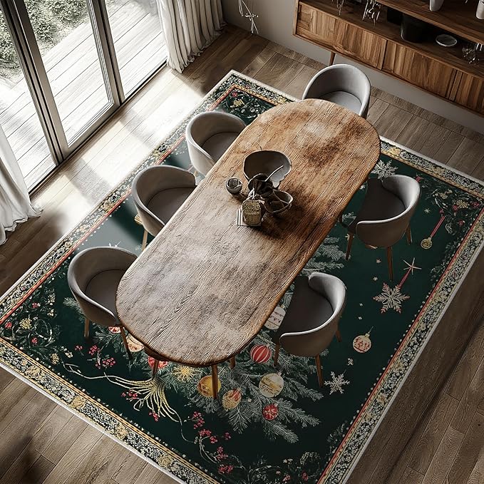 8x10 Christmas Tree Area Rugs Boho Christmas Tree Rug for Living Room Indoor Soft Non-Slip Thin Large Carpet Vintage Rugs for Bedroom Home Decor Under Table Washable Machine