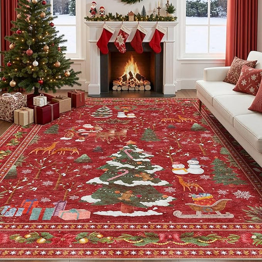 Christmas Area Rug Living Room Rugs: 8x10 Neutral Modern Washable Festive Soft Thin Non-Slip Indoor Carpet for Bedroom Dining Table and Home Office Holiday Decor - Red