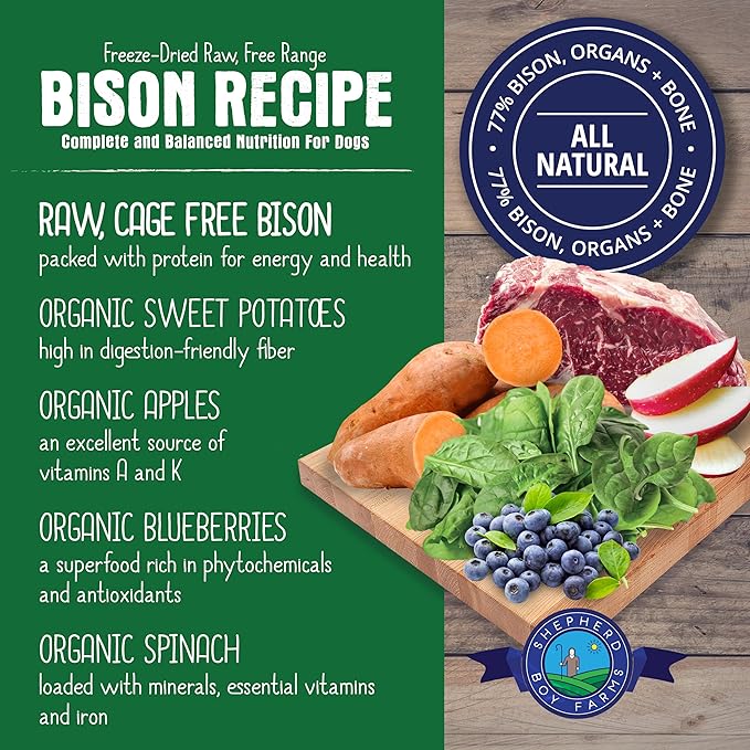Shepherd Boy Farms Freeze Dried Raw Dog Food, Bison Recipe, All Natural, No Synthetics, Made in USA with Goat's Milk & Organic Produce, High Protein, Complete Meal (14oz)
