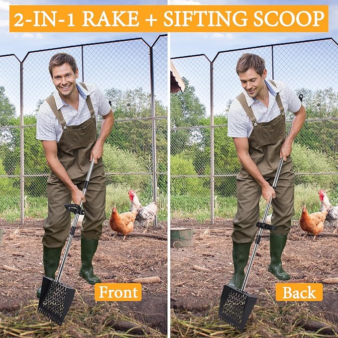 Chicken Poop Scooper and Rake 2-in-1 Metal Coop Scooper 15 to 65" Adjustable Stainless Steel Handle, with Small Net Shovel and Gloves Chicken Coop Goat Stall Stable Cleaning Tools