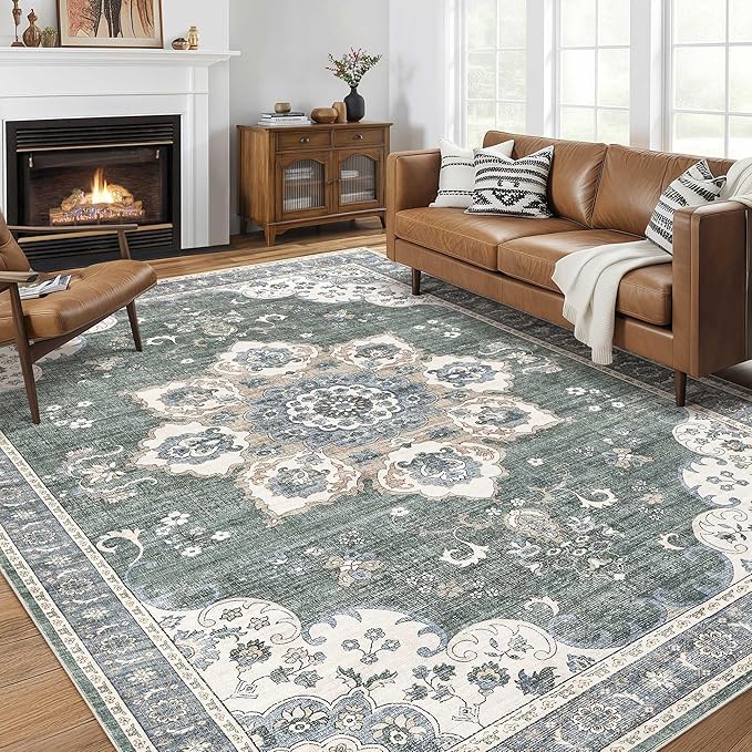 Area Rug for Living Room - 9x12 Soft Washable Oriental Vintage Floral Distressed Large Carpet - Fade Stain Resistant Non Slip Rugs for Bedroom Dining Room Nursery Dorm Office Home Decor - Green