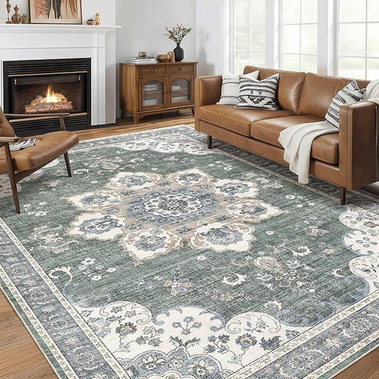 Area Rug for Living Room - 10x12 Soft Washable Oriental Vintage Floral Distressed Large Carpet - Fade Stain Resistant Non Slip Rugs for Bedroom Dining Room Nursery Dorm Office Home Decor - Green