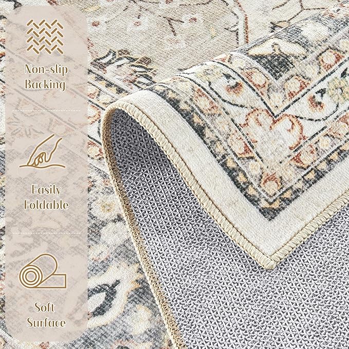 Washable Rug 3x8 Hallway Runner Rug-for Entryway Bedroom Kitchen Room Corridor Decor -Stain & Fade Resistant Non Slip Backing Carpet,Ultra-Thin Vintage Long Carpets(Camel/Beige)