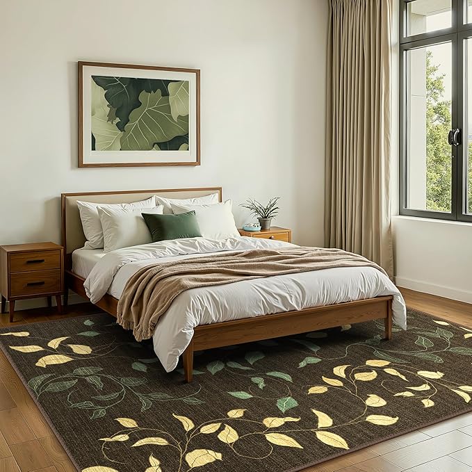 GENIMO Machine Washable 8x10 Area Rugs for Living Room, Non Slip Vintage Rugs, Low Pile Lightweight Chenille Print Rug for Bedroom, Dining Room, Home Office, Dark Leaf Print