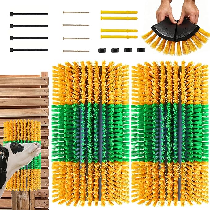 Livestock Scratching Brush 2-Pack — Cattle Horse Goat Pig Sheep Grooming Post with 16 Screws, Weather-Resistant Barn Fence Mount
