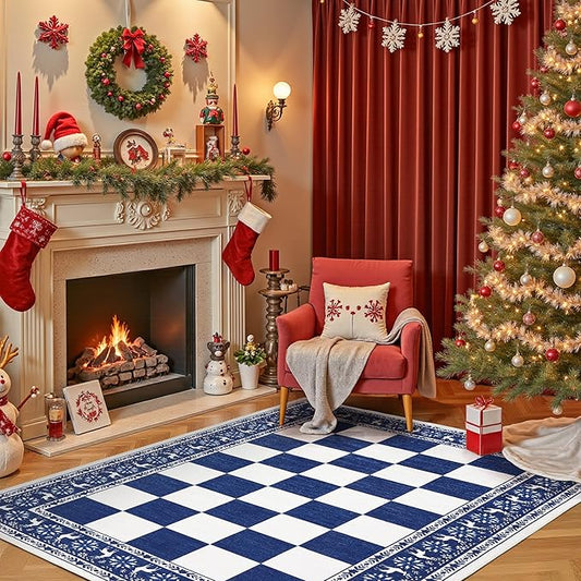 GarveeHome Blue 4x6 Rugs for Living Room, Washable Rug for Christmas Decor, Indoor Non Slip Carpet, Checkered Soft Low Pile Christmas Rug for Entryway, Bedroom, Dining Room
