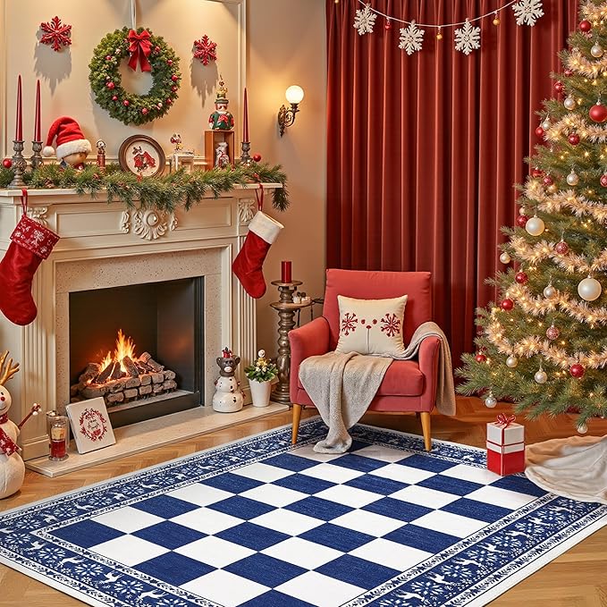 GarveeHome Blue 6x9 Area Rugs for Living Room, Washable Rug for Christmas Decor, Indoor Non Slip Carpet, Checkered Soft Low Pile Christmas Rug for Bedroom, Dining Room