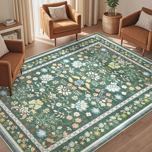 5x8 Area Rug Living Room Rugs - Washable Boho Vintage Floral Large Soft Non Slip Thin Rug Low Pile Carpet for Bedroom Dining Room Kids Playroom Office Decor Indoor- Green
