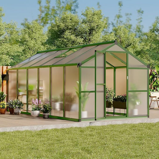 Greenhouse, 8x12 Ft Outdoor Greenhouses, Accessible Green House with Roof Vents and Sliding Doors, Aluminum Frame Polycarbonate Greenhouses, Large Greenhouse for Outdoor Gardens and Backyards, Green