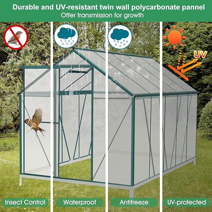 WACASA 10x6 FT Polycarbonate Greenhouse for Outdoors, Heavy Duty Aluminum Greenhouses kit with Rain Gutter, Vent and Lockable Door, Walk-in Green House for Winter, Garden, Patio, Backyard, Green