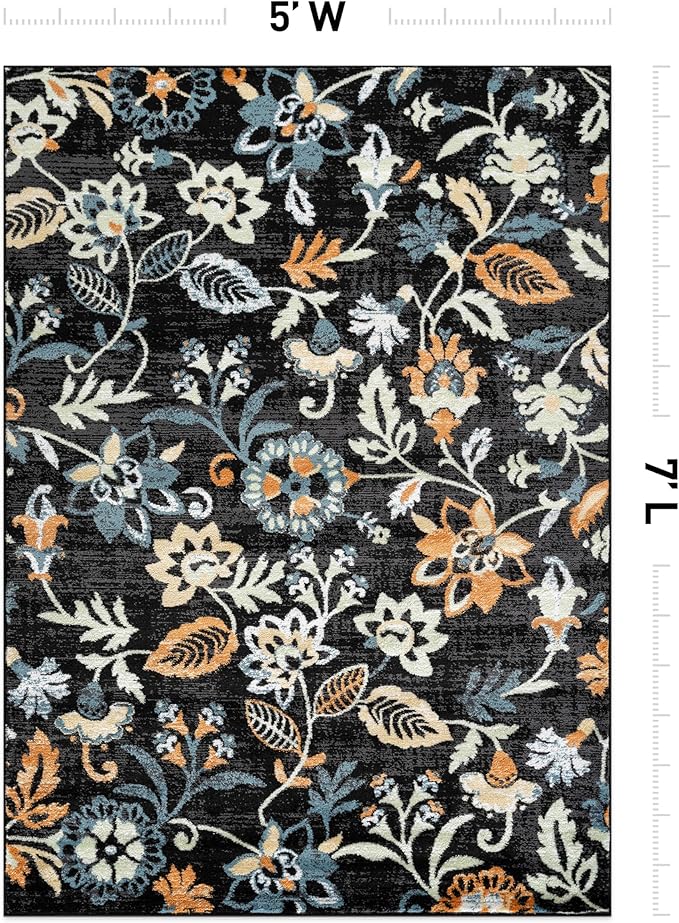 Rugshop Vine Floral Area Rug Modern for Living Room, Bedroom, or Entryway Black Multi 5' x 7' Black