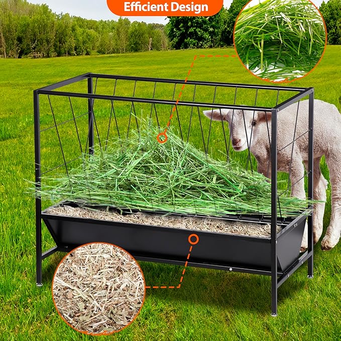 Pasture Hay Feeder 45 Gallon, Heavy-Duty Hay Grain Livestock Feeder with 24 Gallon Feed Pan, Livestock Feeding Trough Quick to Assemble, Feeding Goats, Calves, Cow, Horse for Farms
