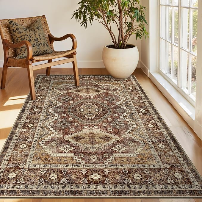 Rugland 3x5 Rug - Stain Resistant Washable Rug, Anti Slip Backing Rugs for Living Room, Vintage Tribal Area Rugs (TPR07-Rust, 3'x5')