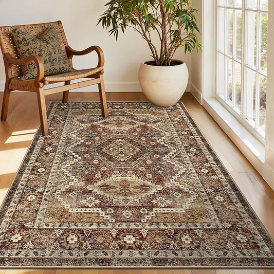 Rugland 3x5 Rug - Stain Resistant Washable Rug, Anti Slip Backing Rugs for Living Room, Vintage Tribal Area Rugs (TPR07-Rust, 3'x5')