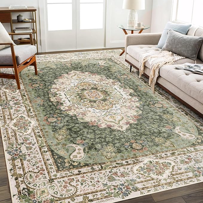 8x10 Area Rugs Washable,Green Rug for Living Room Bedroom Dining Room,Large Boho Vintage Bohemian Distressed Carpet Non Slip,Floral