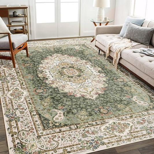 8x10 Area Rugs Washable,Green Rug for Living Room Bedroom Dining Room,Large Boho Vintage Bohemian Distressed Carpet Non Slip,Floral