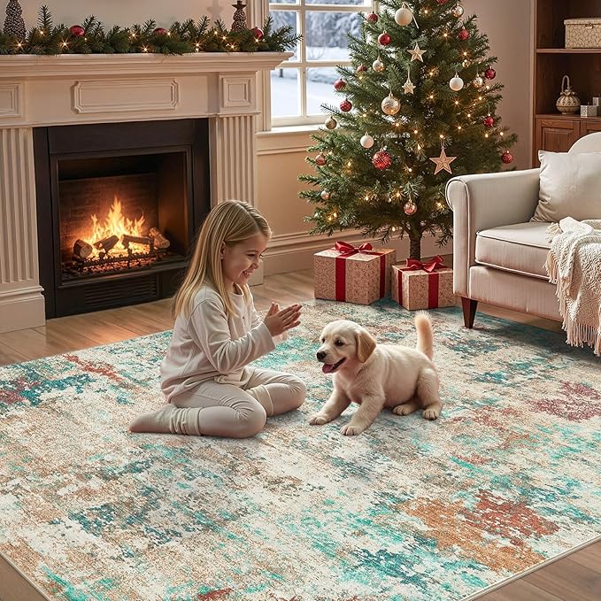 6x9 Christmas Area Rug Living Room Rugs - Washable Neutral Modern Abstract Soft Thin Large Rug Indoor Floor No Slip Rug Carpet for Bedroom Under Dining Table Home Office Decor - Colorful