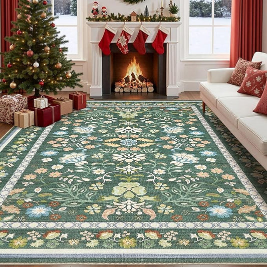 9x12 Area Rug Living Room Rugs - Washable Boho Vintage Floral Large Soft Non Slip Thin Rug Low Pile Carpet for Bedroom Dining Room Kids Playroom Office Decor Indoor- Green