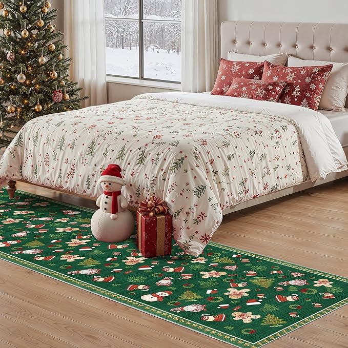 Christmas Runner Rug for Hallway: 2x8 Neutral Modern Festive Area Rug - Washable Low Pile Soft Thin Indoor Carpet for Bedroom Kitchen Laundryt Kids Room Holiday Decor - Red
