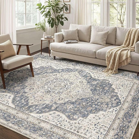 Washable Rug 10x14 Area Rugs for Living Room Bedroom Dining Room Home Office Floor Decor -Stain & Fade Resistant Non Slip Backing Carpet,Ultra-Thin Vintage Large Carpets (Blue/Beige,10'x14')