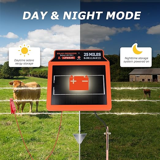 LFGS25 Solar Electric Fence Charger, 25 Miles Solar Charger,0.5J Portable Powered Charger with Day or Night Mode for Livestock, Cattle Sheep, Pigs, Horses