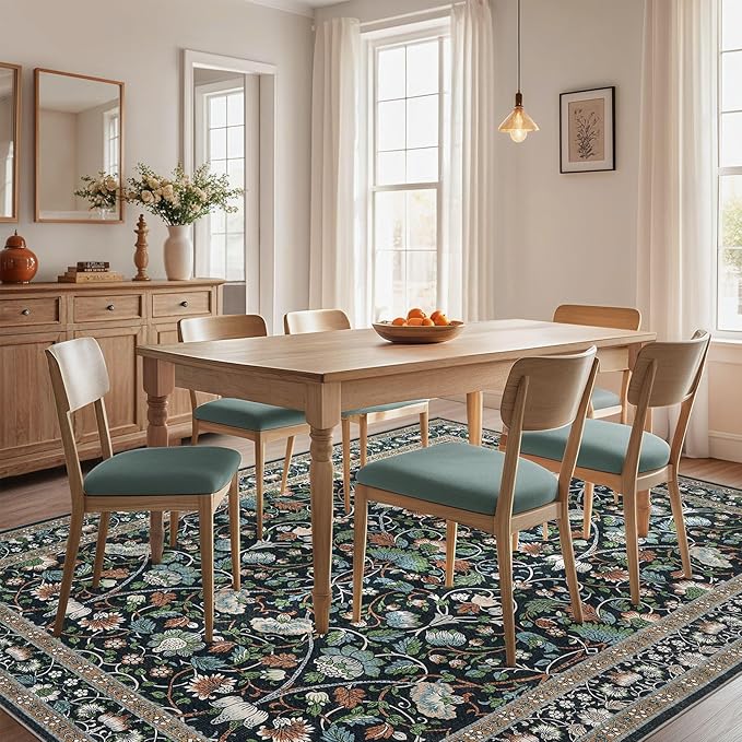 5x8 Area Rug Living Room Rugs - Washable Boho Vintage Floral Large Soft Non Slip Thin Rug Low Pile Carpet for Bedroom Dining Room Kids Playroom Office Decor Indoor- Black Blue