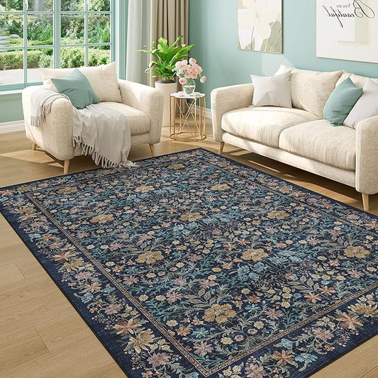 DUKINO 5x7 Area Rugs, Floral Washable Rugs for Bedroom with Non Slip Backing, Vintage Low Pile Indoor Floor Carpets for Bedroom, Living Room, Farmhouse, Home Office, Dining Room, Dark Blue