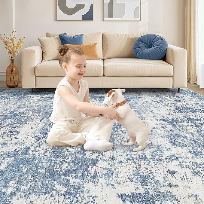 5x8 Area Rug Living Room Rugs - Washable Neutral Modern Abstract Soft Thin Rug Indoor Floor No Slip Rug Carpet for Bedroom Under Dining Table Home Office Decor - Blue White