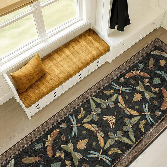 Vintage Insect 2x8 Black Entryway Runner Rug, Washable Non Slip Runners for Kitchen, Boho & Nature Long Rugs for Hallway, Low Pile Soft Stain Resistant Carpet