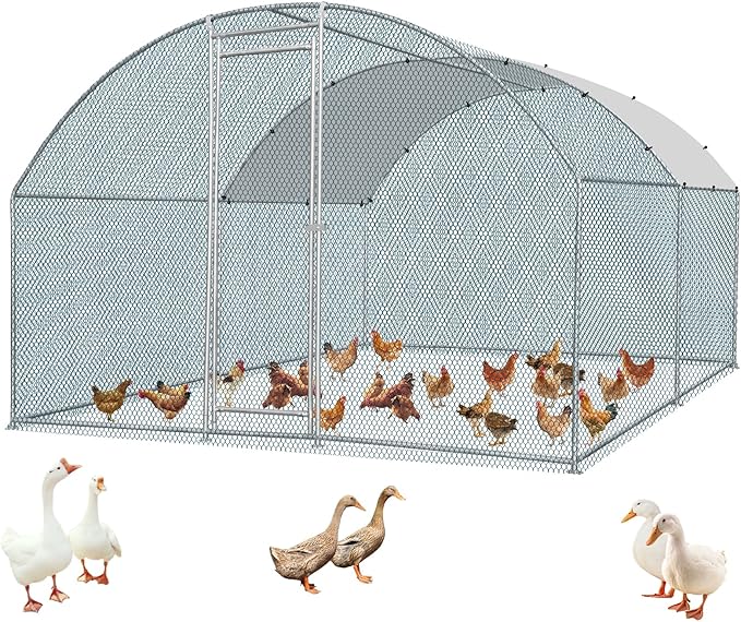 VINGLI Chicken Coop, Large Metal Poultry Cage for Chicken Run, Walk-in Chicken Pen with Waterproof & Anti-UV Cover Outdoor (Silver-Dome Roof, 13.1 * 9.8 * 6.5 ft)