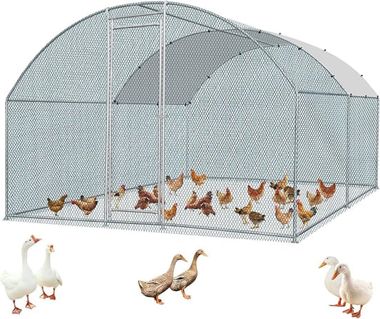 VINGLI Chicken Coop, Large Metal Poultry Cage for Chicken Run, Walk-in Chicken Pen with Waterproof & Anti-UV Cover Outdoor (Silver-Dome Roof, 13.1 * 9.8 * 6.5 ft)