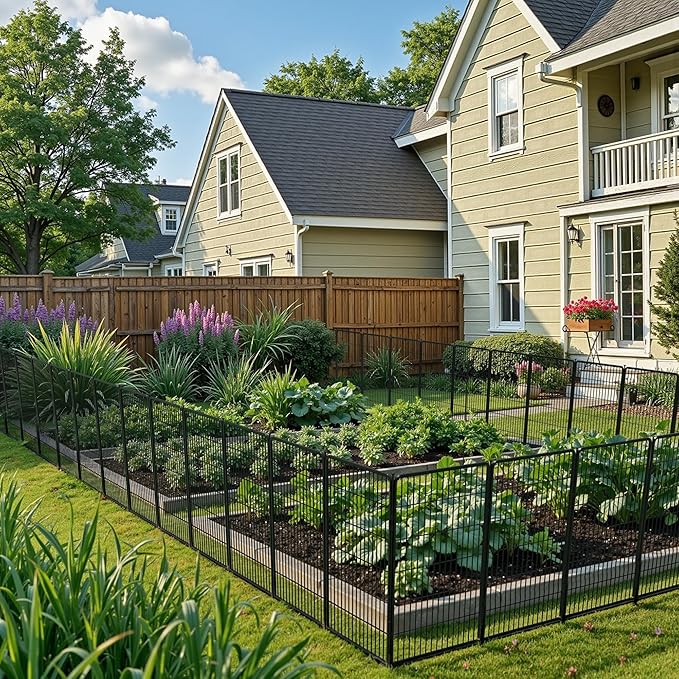 SunsGrove Garden Fence with Gate, 32 in(H) x 26.8 ft(L) 12 Panels Heavy Duty Metal Animal Barrier Fence for Yard, Suitable for Indoor or Outdoor Dog Pet Fence, Garden Fence Border, Black