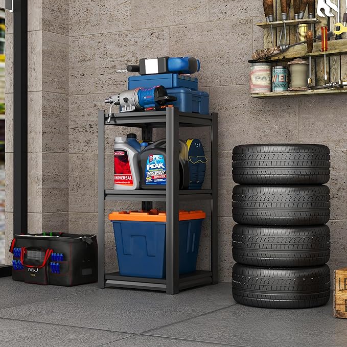 Storage Shelves, Garage Metal Shelving Unit, Adjustable, Double-Layer Column with Reinforced Ribs, Heavy-Duty, Capable of Bearing 600-3600 lbs (Black, 32 * 24 * 14, 3-Tier)