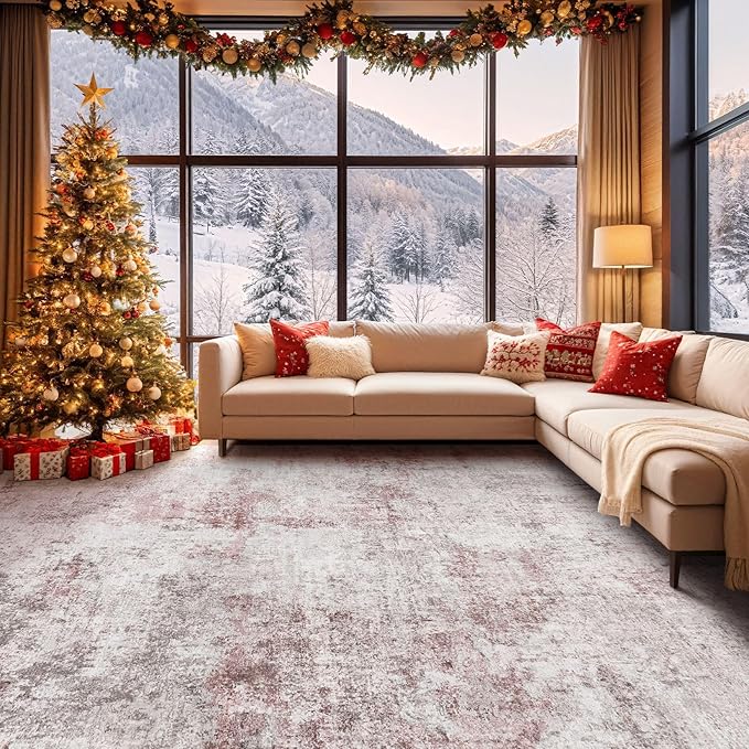 9x12 Area Rug Living Room Rugs - Washable Neutral Modern Abstract Soft Thin Large Rug Indoor Floor No Slip Rug Carpet for Bedroom Under Dining Table Home Office Decor - Pink