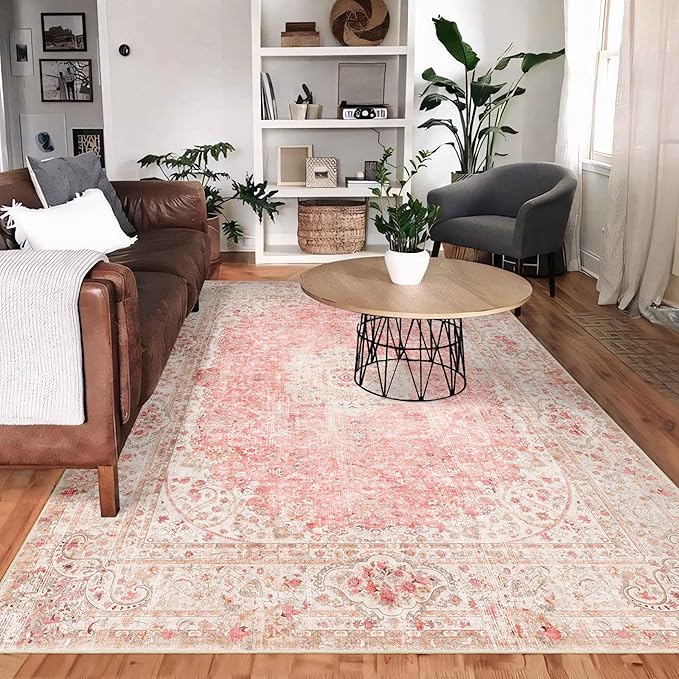 5x7 Area Rugs Washable,Pink Rug for Living Room Bedroom Kitchen,Large Boho Vintage Bohemian Distressed Carpet Non Slip,Blush