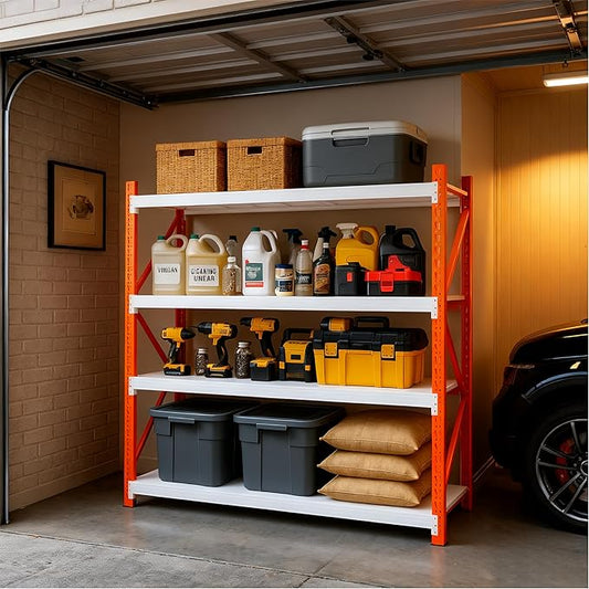 79" H Garage Shelving,3500LBS Heavy Duty Storage Rack,4 Tiers Metal Storage Rack Shelf, Adjustable Shelving Unit for Garage,Kitchen,Warehouse,Basement,78.7" H x 59" W x 19.6" D,Orange&White