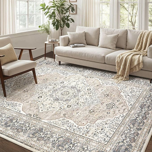 Washable Rug 9x12 Area Rugs for Living Room Bedroom Dining Room Home Office Floor Decor -Stain & Fade Resistant Non Slip Backing Carpet,Ultra-Thin Vintage Large Carpets (Camel/Beige,9'x12')