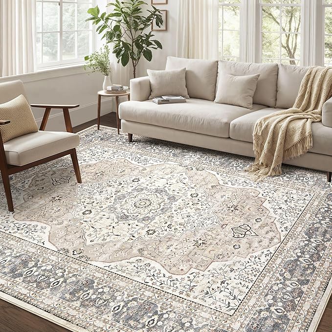 Washable Rug 10x14 Area Rugs for Living Room Bedroom Dining Room Home Office Floor Decor -Stain & Fade Resistant Non Slip Backing Carpet,Ultra-Thin Vintage Large Carpets (Camel/Beige,10'x14')