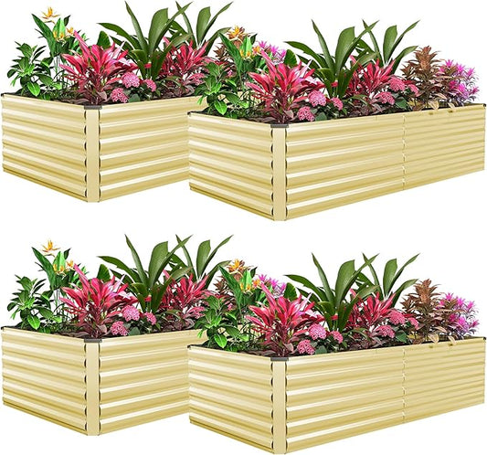 FOOWIN 4pcs 8x4x2ft Galvanized Raised Garden Bed, Planter Raised Garden Boxes Outdoor, Large Metal Raised Beds for Gardening, Garden Bed for Vegetables, Flowers, Herb,478 Gallon Capacity, Cream Yellow