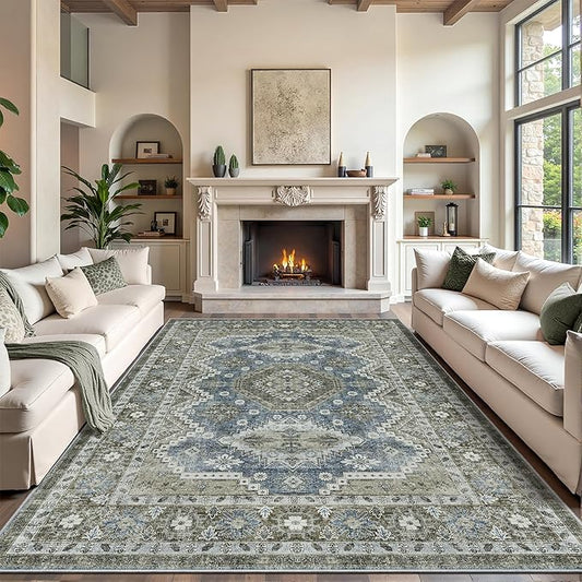 Rugland 8x10 Area Rugs - Stain Resistant Washable Rug, Anti Slip Backing Rugs for Living Room, Vintage Tribal Area Rugs(TPR07-Green, 8'x10')