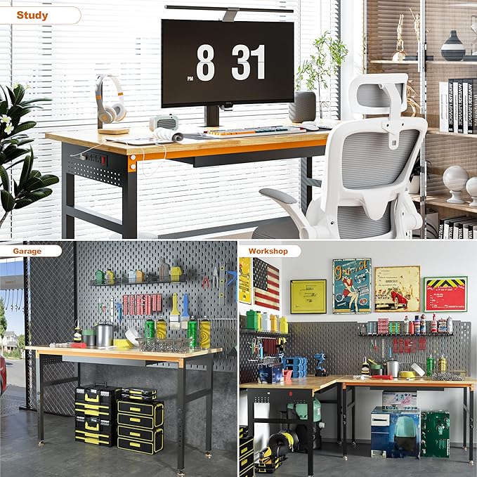 Betterhood 60" Adjustable Height Workbench, 2000 LBS Heavy Duty Work Table with Power Outlets & Pegboard, Rubber Wood Workstation for Garage, Workshop, Office, Home, Commercial