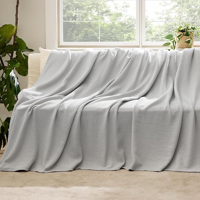 Bedsure GentleSoft 100% Cotton Blanket Twin XL Size for Bed - Breathable and Lightweight, Soft Cozy Textured Herringbone Woven Summer Blanket for College Dorm, Grey, 66x90 inches