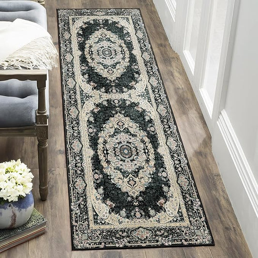 Washable Runner Rug 2x6,Black Rug Runners Non Slip,Long Boho Rugs for Hallways Kitchen Bedroom Entryway Living Room Bathroom,Vintage Bohemian Distressed Floor Carpet,Floral