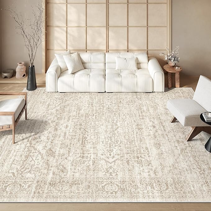 Rugland 6x9 Area Rugs - Stain Resistant Washable Rug, Anti Slip Rugs for Living Room, Vintage Tribal Area Rugs(Distressed Beige, 6'x9')