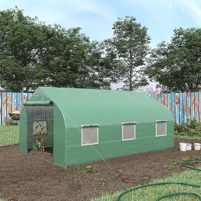 Outsunny 11.5' x 10' x 6.5' Outdoor Walk-in Greenhouse, Tunnel Green House with Roll-up Windows, Zippered Door, PE Cover, Heavy Duty Steel Frame, Green