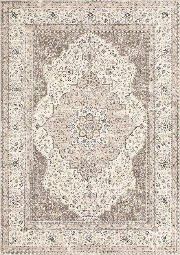 Washable Rug 10x14 Area Rugs for Living Room Bedroom Dining Room Home Office Floor Decor-Stain & Fade Resistant Non Slip Backing Carpet,Ultra-Thin Vintage Large Carpets(Brown/Beige,10'x14')