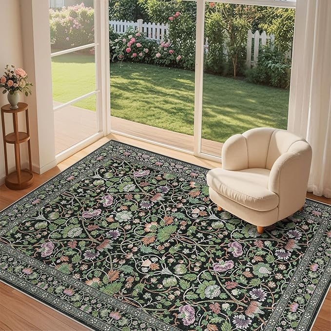 6x9 Area Rug Living Room Rugs - Washable Boho Vintage Floral Large Soft Non Slip Thin Rug Low Pile Carpet for Bedroom Dining Room Kids Playroom Office Decor Indoor- Green Dark