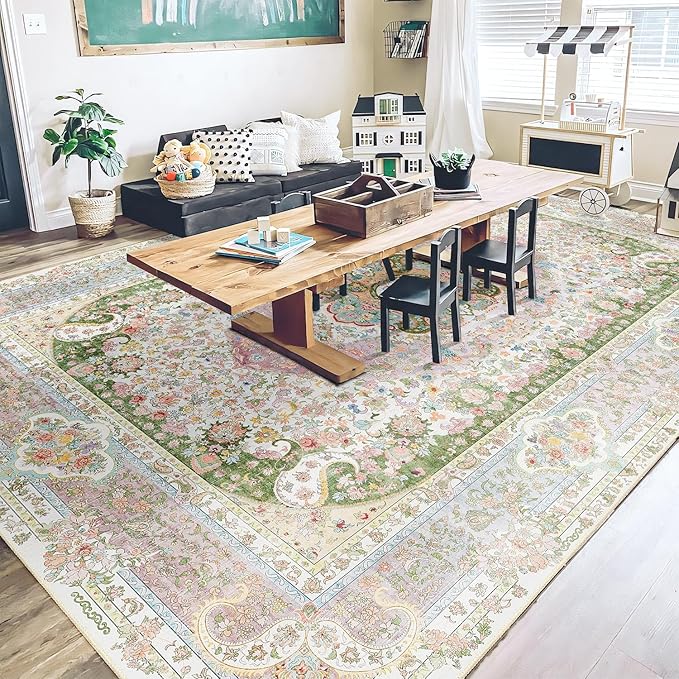 9x12 Area Rugs Washable,Pink Rug for Living Room Bedroom Dining Room,Large Boho Vintage Bohemian Distressed Carpet Non Slip,Blush Green