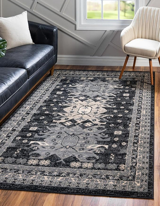 Unique Loom Taftan Collection Border Geometric Tribal Inspired Design Area Rug (9' 0 x 12' 0 Rectangular, Black/ Gray)