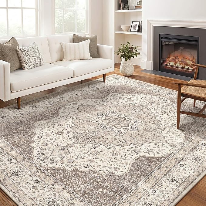 Washable Rug 6x9 Area Rugs for Living Room Bedroom Dining Room Home Office Floor Decor -Stain & Fade Resistant Non Slip Backing Carpet,Ultra-Thin Vintage Large Carpets (Brown/Beige,6'x9')
